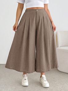 Shapeblank Plus Size Casual Button Pocket Pleated Loose Pants Fall - Mocha Brown - View 4