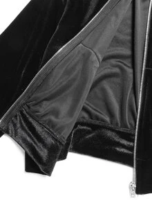 SHEIN 青少年女孩秋冬休閒時尚天鵝絨蝴蝶結水鑽連帽拉鍊運動衫與修身喇叭褲兩件套 - 黑色 - 查看 8