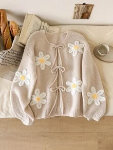 CosyJoli Women's Sweet 3D Embroidered Decor Tie-Front Knit Cardigan - Multicolor - View 5