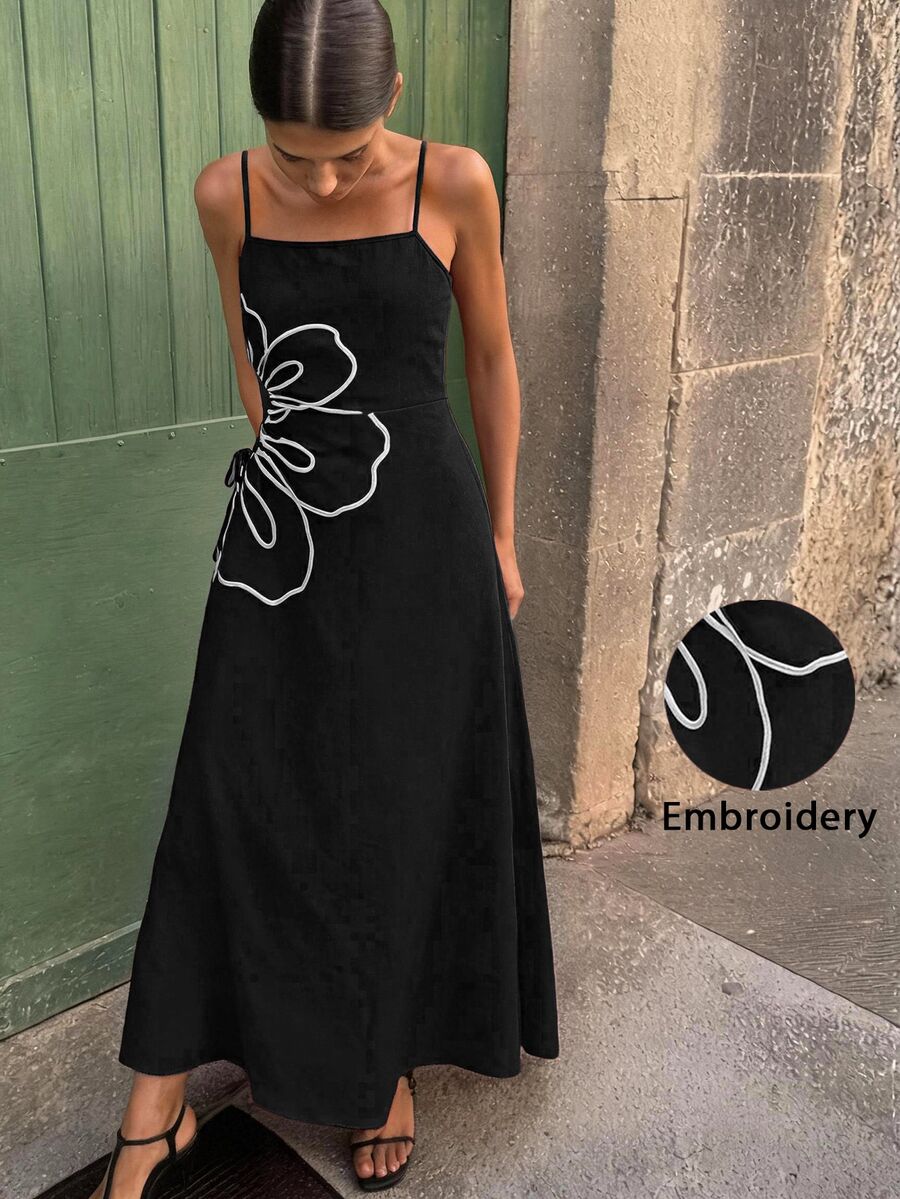 Travachic Floral Embroidered Side Tie Waist Cami Dress For Vacation - Black - View 1