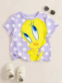 LOONEY TUNES X SHEIN 少女卡通印花休閒百搭日常穿著短袖T恤 - 紫色 - 查看 1