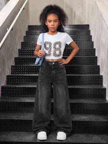 Tween Girl Y2k Fashion Casual Leopard Print Bow Pattern Black Denim Loose Jeans For Black To School - Black - View 4