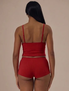 MUSERA Pointelle Triangle Adjustable Strap Cami Top With Picot Trim Fitted Boy Shorts Two Pieces Set Lingerie Evening Everyday Summer - Red - View 2