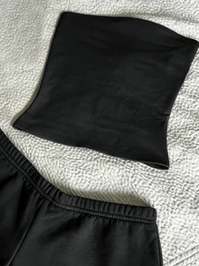 IslaSuriya 女款夏季度假純色抹胸上衣與刺繡短褲兩件套 - 黑色 - 查看 3