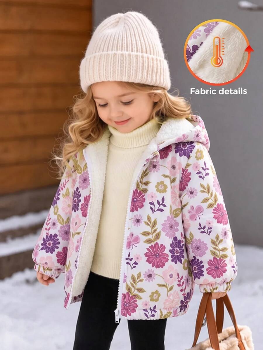 SHEIN 女嬰秋冬可愛粉色愛心圖案燈芯絨連帽保暖內裡夾克 - 彩色 - 查看 1