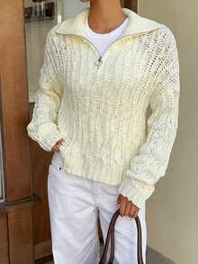 Autumina Sweater Lengan Panjang Wanita Rajut Asimetris dengan Resleting, Desain Minimalis yang Indah dan Serbaguna, Nuansa Musim Gugur/Dingin, Ukuran Besar - Putih - View 3