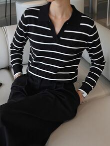 DAZY 女款領口條紋套頭短袖針織衫 - 黑與白 - 查看 4