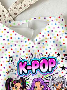 青少年女孩可愛卡通女團印花 K-Pop 超級巨星波點運動衫套裝 - 彩色 - 查看 4