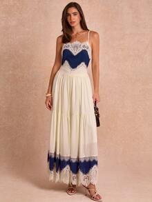 Enchnt Sweet Lace Patchwork Pleated Cami Dress - Navy Blue - View 4