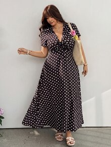 GalTyme 大尺碼女款 V 領波點休閒派對洋裝 - 棕色 - 查看 4