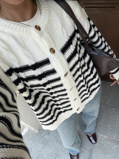 Autumina Soft Cable Knit Black & White Striped Crew Neck Cardigan For Women