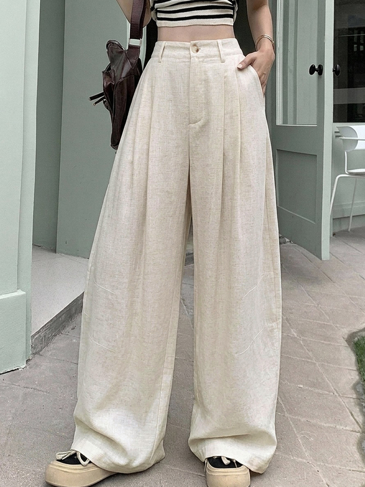 DAZY Solid Color Loose Wide Leg Pants With Pockets, Casual Vacation Summer Long Pants For Women - Apricot - View 5