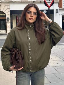 Solavibe Plus Size Olive Snap Button Bomber Jacket For Commute Street Style,Winter Clothing,Batwing Sleeve,Daily Commute,Urban Street Style,Fall/Winter - Green - View 6