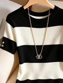 Resyla Plus Size Summer Casual Colorblock Striped T-Shirt - Yellow - View 3