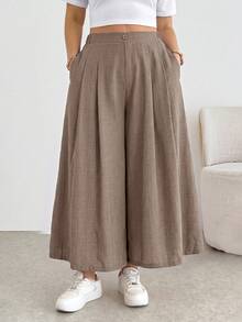 Shapeblank Plus Size Casual Button Pocket Pleated Loose Pants Fall - Mocha Brown - View 3