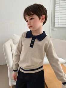 DAZY Boys' (Small) Contrast Color Polo Collar Long Sleeve Sweater Top, Autumn/Winter Layering - Apricot - View 2