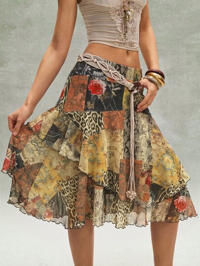 Bohemela Women's Patchwork Printed Asymmetric Hem Casual Vacation Skirt