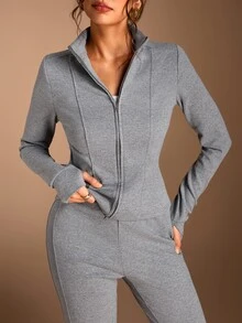 SHEIN BASICS Women's Minimalist Soft Casual Athleisure Zipper Long Sleeve Sweatshirt Drawstring Waist Flared Pants 2 Pieces Set Gym Travel Lounge Grey Winter - Dark Grey - View 5