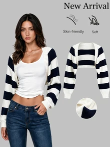 Sweetra Cardigan Pendek Longgar Bergaris Tebal Kontras Biru & Putih untuk Wanita - MultiWarna - View 3