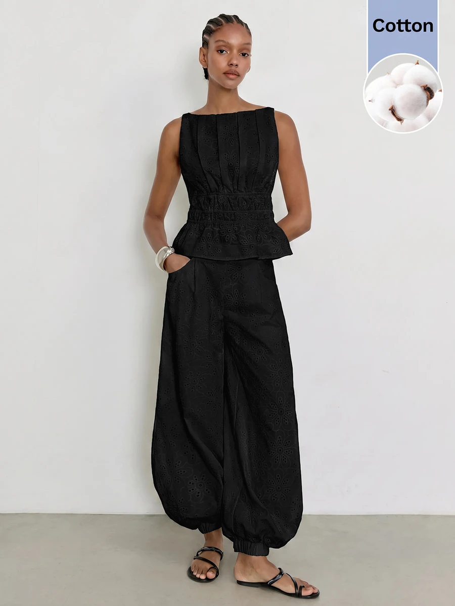 Maija Women's Summer Casual Solid Color Hollow Embroidery Tank Top - Black - View 1