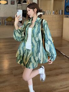 DAZY Cute Lapel Shirt Loose Long Sleeve & Straight Leg Shorts 2 Pieces Set Lounge Sets For Women - Green - View 7