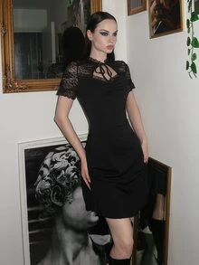 Glisette Gaun Pendek Hitam Wanita untuk Halloween, Elegan, Vintage, dan Imut - Hitam - View 4