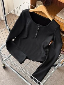 DAZY Women's Minimalist Button Half-Placket Long Sleeve T-Shirt For Daily Wear Fall - Black - View 13