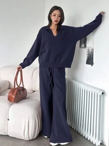 Dazy Tall Women's Loose Pullover Sweater And Long Pants Casual Knitwear 2 Pieces Set - Navy Blue - View 4