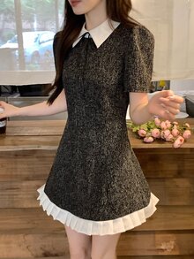 Dazy Tall Gaun Kasual Wanita Motif Blok Warna untuk Harian, Musim Panas, Perjalanan, dan Musim Gugur - Dark Grey - View 3