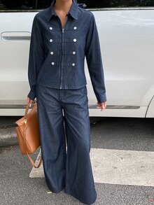 DAZY 女款領口上衣與寬鬆直筒褲休閒牛仔套裝 秋季 - 中等水洗藍 - 查看 5