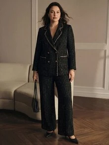 MOTF PREMIUM PLUS SIZE AUTUMN/WINTER CHAIN DECOR TWEED WIDE LEG PANTS - Black - View 4