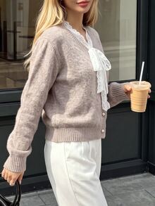 SHEIN PariChic Autumn/Winter Fashion Floral Lace Trim Round Neck Cardigan Long Sleeve Sweater - Khaki - View 5