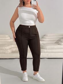 Solflare Chocolate Brown Plus Size Fitted Button Capris - Chocolate Brown - View 3