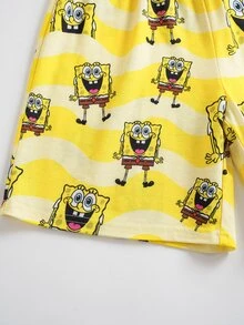 SpongeBob SquarePants | SHEIN 大童男孩字母卡通印花短袖上衣與短褲休閒日常居家睡衣套裝 - 淺灰色 - 查看 7