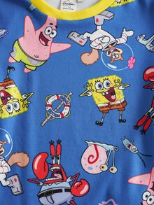 SpongeBob SquarePants | SHEIN 小男孩卡通印花短袖上衣與內搭褲家居服套裝 - 藍色 - 查看 4