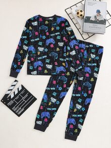 SHEIN 青少年男孩霓虹遊戲機圖案圓領長袖褲子休閒舒適貼身居家睡衣套裝 2件組 - 黑色 - 查看 2