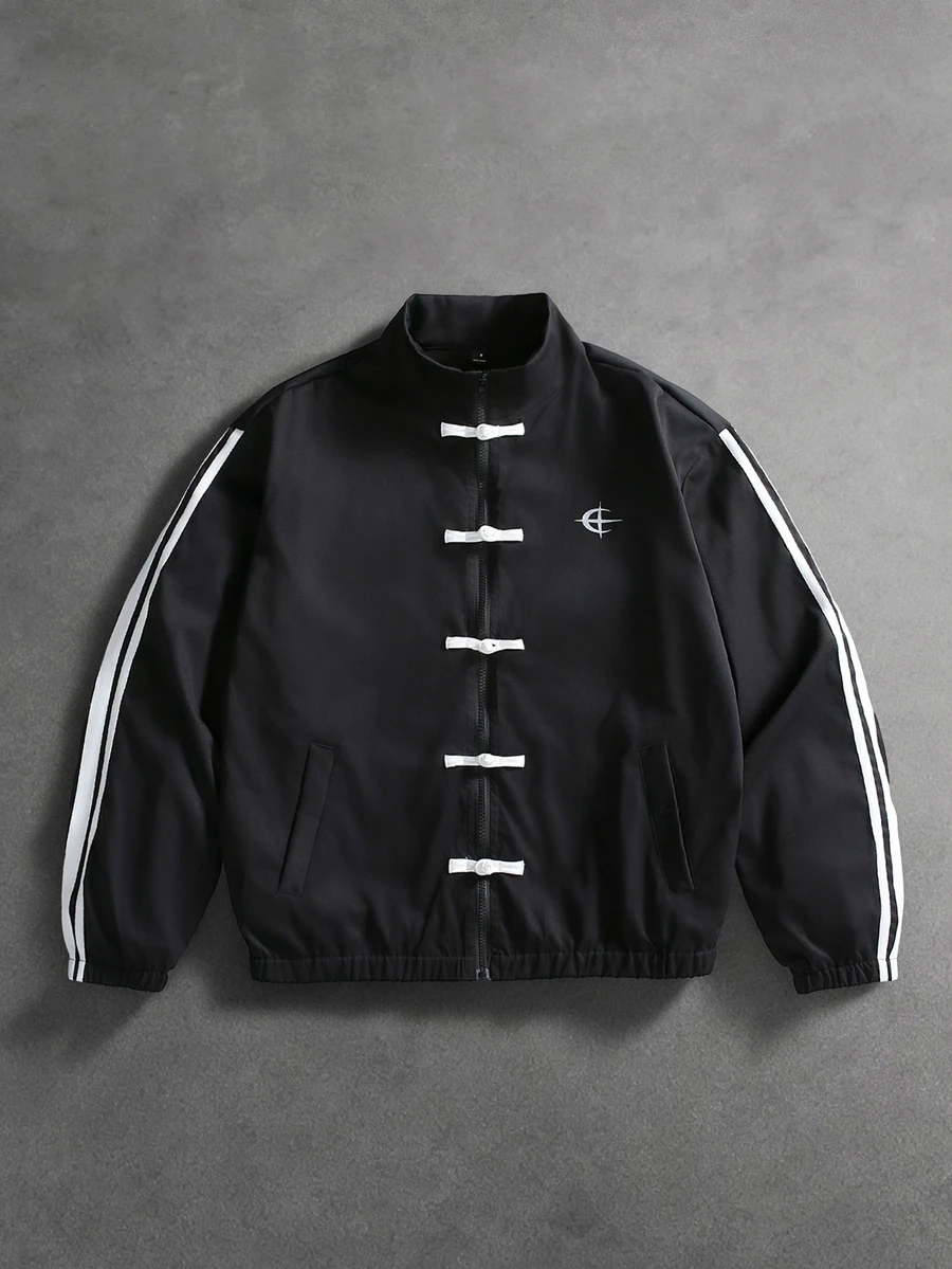 PAVTROS Men's Casual Jacket With Frog Button Design And Side Stripes - Black - View 1