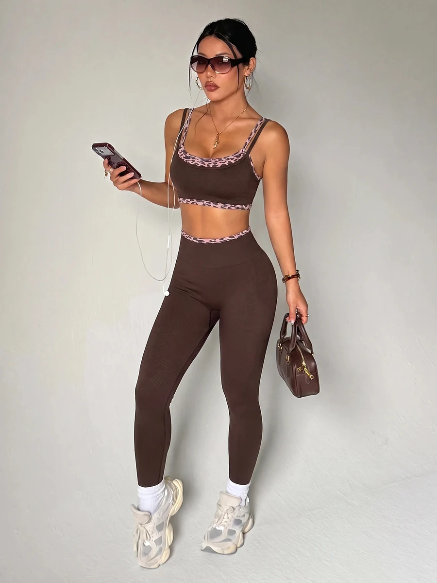 Dewbera Dewbera 1 Set Brown Leopard Trim Double Strap Sports Two Pieces Set, High Waist Leggings, Slim Fit, For Yoga Fitness Daily Summer - Brown - View 1