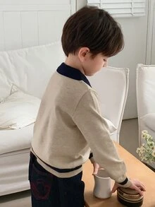 DAZY Boys' (Small) Contrast Color Polo Collar Long Sleeve Sweater Top, Autumn/Winter Layering - Apricot - View 3