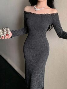 DAZY Women's Square Neck Lace Patchwork Soft Fitted Long Dress Fall - Dark Grey - View 3
