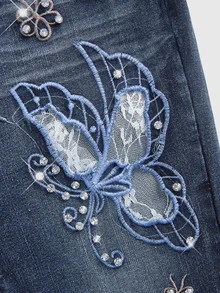 ROMWE Fairycore 春夏美式復古水洗 Y2K 辣妹風 重工刺繡蝴蝶鉚釘修身喇叭牛仔褲 女款 - 中等水洗藍 - 查看 3