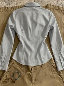 IslaSuriya Women's American Vintage Pinstripe Single-Breasted Long Sleeve Shirt - Blue - View 2