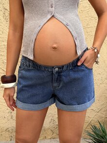 SHEIN Maternity Casual Versatile Daily Wear Denim Shorts With Pockets Jean Shorts - Dark Wash - View 8