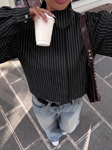 Muchica Women's Striped Long Sleeve Zip-Up Casual Jacket - Black - View 7
