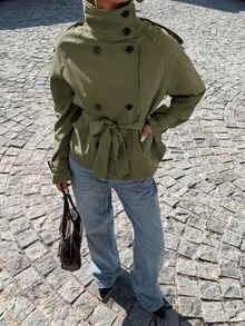 Muchica 女款純色腰部綁帶休閒百搭日常長袖夾克 - 軍綠色 - 查看 5