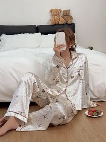 Napfluff Women's Faux Silk Printed Open Front Lapel Long Sleeve Long Pants Pajama Set - Champagne - View 6