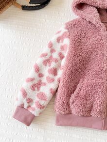 SHEIN Baby Girl Casual Solid Color Cute Heart Pattern Fuzzy Hooded Winter Jacket - Multicolor - View 4