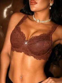 Divavoom Lace Eyelash Underwire Rhinestone Decorated Lingerie - Brown - View 3