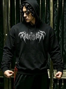 GymBeat Men's Skull Print Long Sleeve Drawstring Hooded Sweatshirt, Gym - Black - View 3