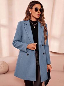 SHEIN Clasi 女款時尚鈕扣口袋長袖大衣 - 霧霾藍 - 查看 4